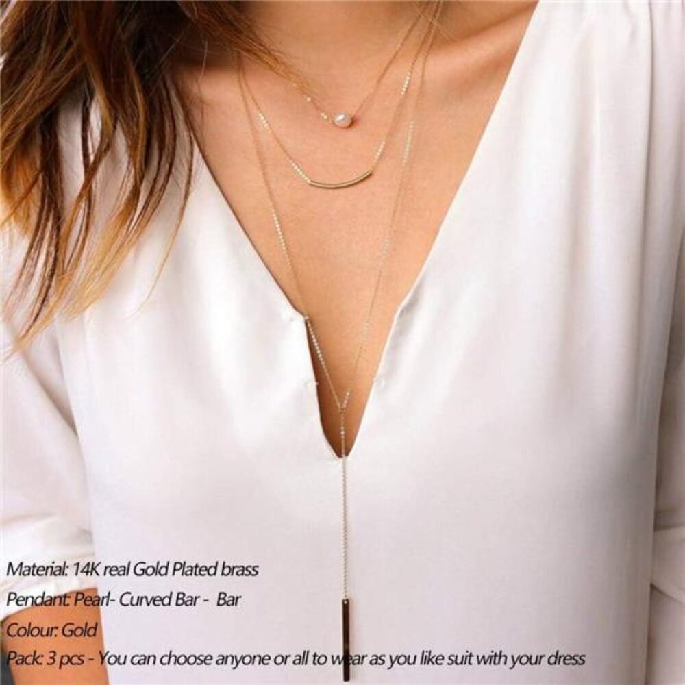 Dainty Layered Choker Necklace, Handmade 14K Gold Plated Y Pendant - Picture 2 of 6